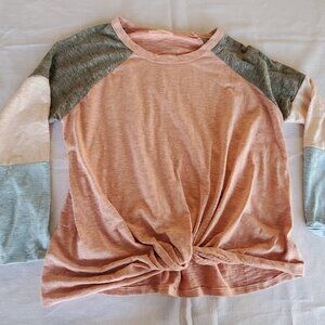 Entro Women's Small Pink Long Sleeved Top Colorblock grey blue white tie front